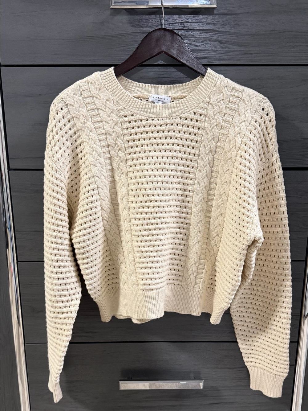 Current Air Cream Cable Knit Open-Weave Crew Sweater